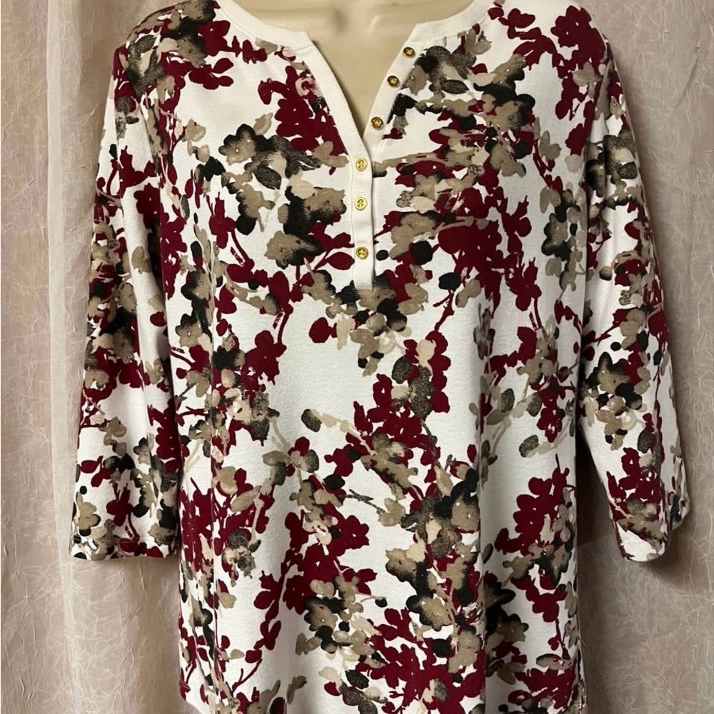 Karen Scott Red and Green Polo Collar Blouse